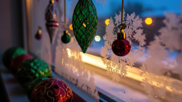 Christmas window decorated with festive ornaments and snowflake stickers