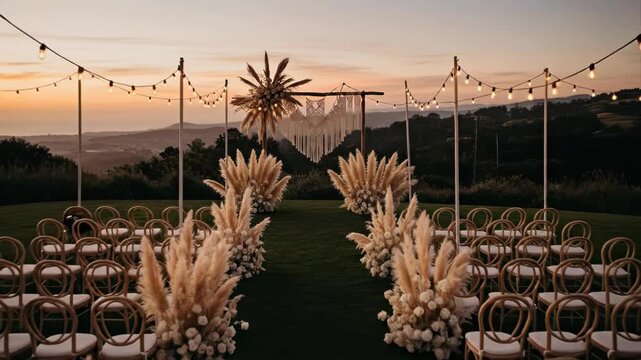 Elegant outdoor wedding ceremony setup at sunset with pampas grass decorations and string lights