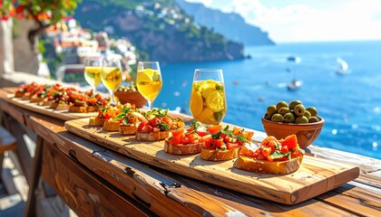 Delicious seafood tapas and glasses of white wine on wooden board overlooking Mediterranean coastal town