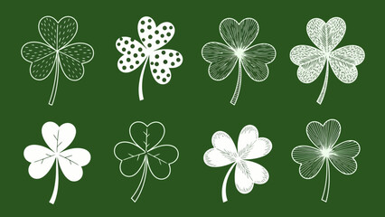 A collection of eight different hand-drawn shamrock illustrations on a green background.