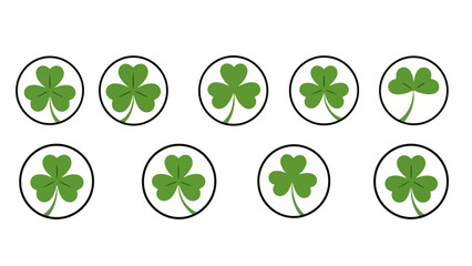 Obraz premium Ten green shamrocks inside white circles with black borders arranged in two rows on a white background.
