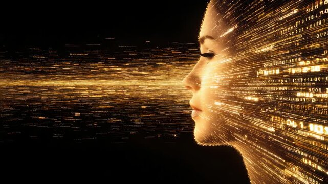 Golden digital woman profile with streaming binary light, gold luminous profile and futuristic data