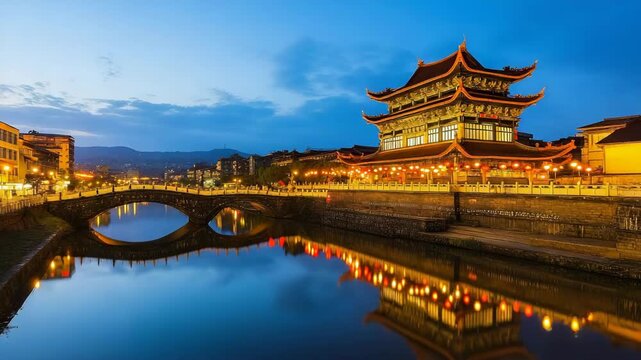 Ancient riverside pavilion and pagoda by arched bridge dusk with lantern reflections calm river