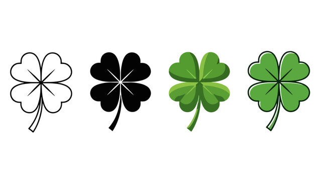 Four different artistic representations of a four-leaf clover, including outline, silhouette, and shaded versions.