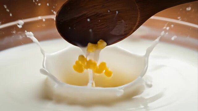 Wooden spoon with yellow tapioca pearls dripping milk