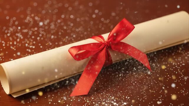 Rolled parchment scroll tied with a red ribbon bow on a wooden surface with festive sparkles