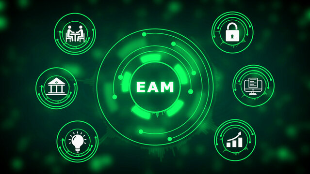 Digital concept of Enterprise Asset Management EAM with interconnected representing security collaboration banking innovation and growth on a dark green abstract background