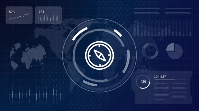 Animated compass icon representing navigation and global direction on a dark blue technology data