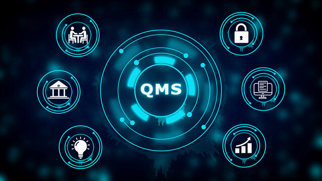 Digital concept of Management System QMS with interconnected representing security collaboration banking innovation and growth on a dark blue abstract background