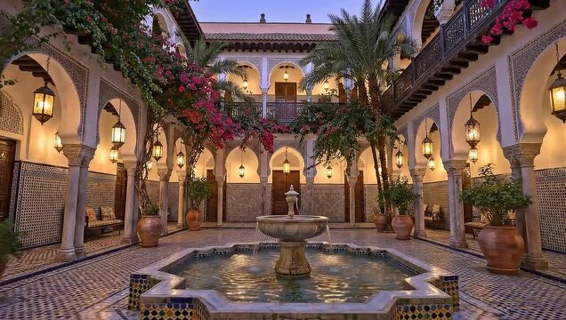 A beautiful Moroccan riad courtyard with a fountain and intricate tile work, illuminated at dusk.