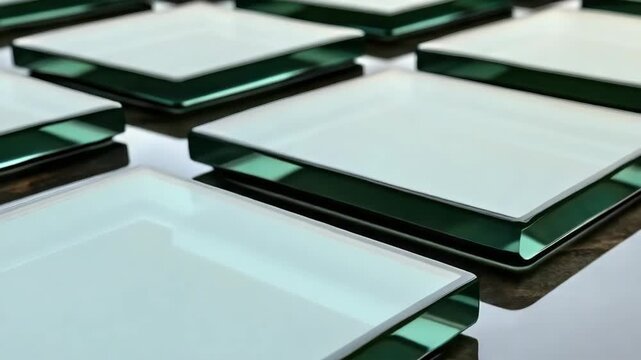Floating glass panels and polished glass tile array form calm geometric pattern with teal tint