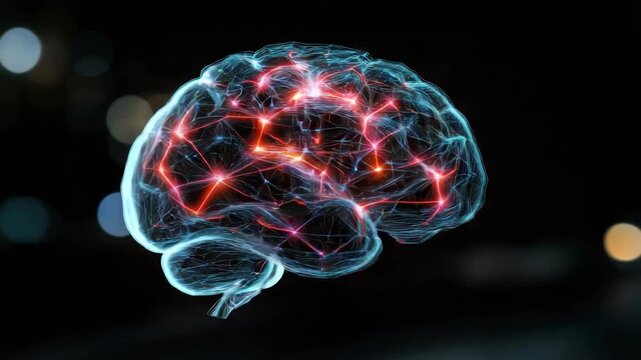 Glowing neural brain cortex illustration with medical anatomy neon digital neuron network