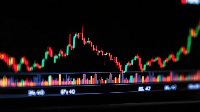 Colorful stock market chart candlestick trading volume bars showing dynamic volatile trading