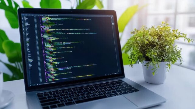 Laptop with code programming developer workspace desk keyboard screen monitor coffee laptop screen