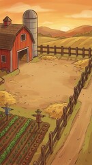 Farmyard scene at sunset 2d background illustration peaceful environment