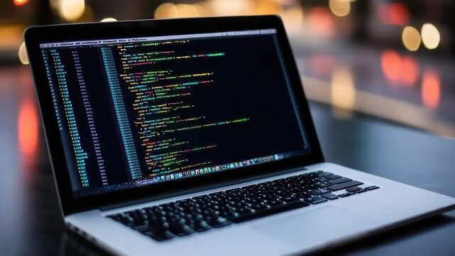 Laptop screen displaying colorful code editor shallow bokeh workspace mood with night city lights