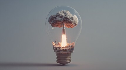 Creative lightbulb with cloud explosion, glowing idea silhouette