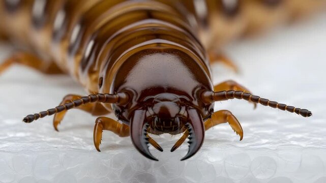 Close-up of a centipede's head and body on a white surface