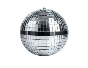 Spherical mirrored globe reflects light, suspended, isolated on black