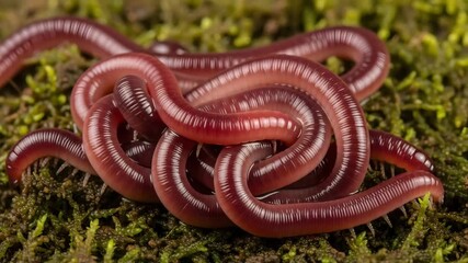 Vibrant earthworms moving through lush green moss ecosystem