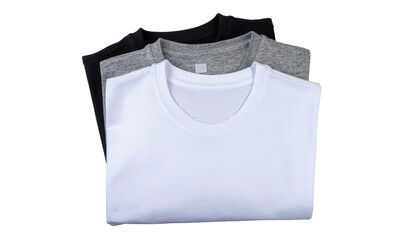 Stacked, folded black, gray, white t-shirts, top view