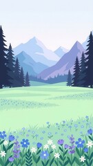 Serene mountain meadow landscape beautiful 2d background nature scene
