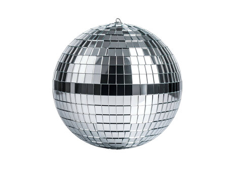 Spherical mirrored globe reflects light, suspended, isolated on black