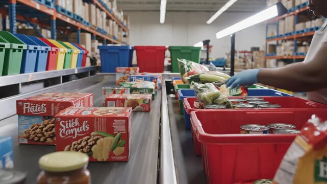 Worker organizes food items in colorful bins at a warehouse, showcasing the sorting process with a smooth camera pan across the scene