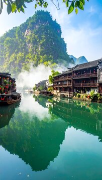 Ancient Fenghuang town with traditional buildings reflected in Tuojiang River, surrounded by lush green mountains and morning mist in Hunan, China.