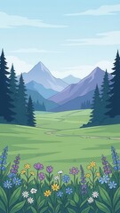 Serene mountain meadow 2d background with colorful wildflowers nature scene