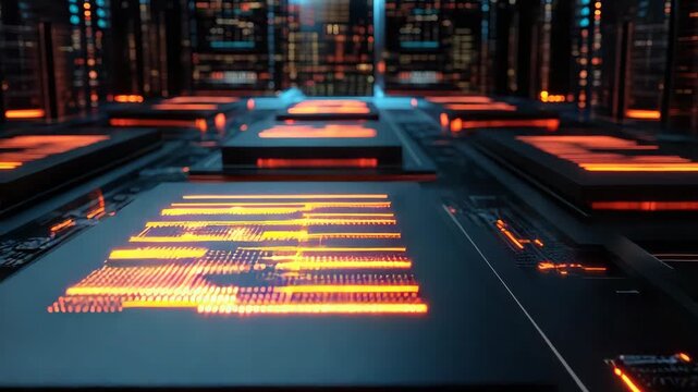 Glowing circuit chip motherboard microchip electronics with illuminated processor rows and data