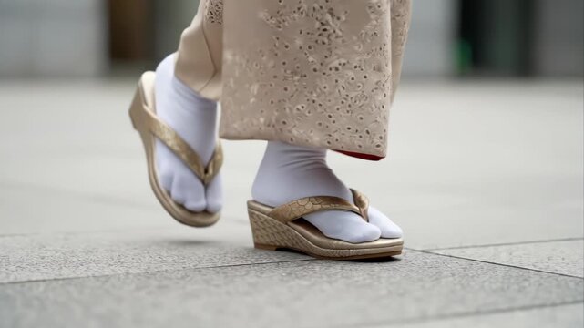 Person wearing white tabi socks and beige wedge sandals walking on pavement