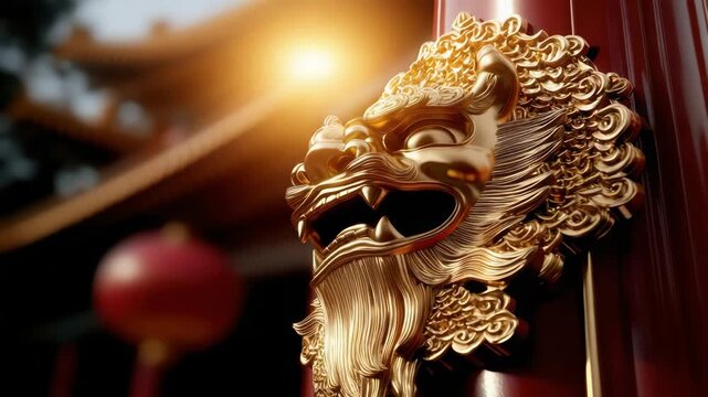 Golden lion door knocker glowing on red temple pillar with warm sunlight and festive gold lantern