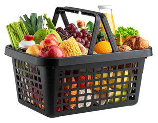 Basket overflowing with fresh produce and bottled drinks