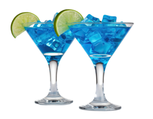 Two blue drinks in martini glasses with lime garnish