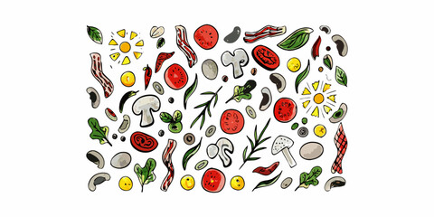 A colorful arrangement of pizza toppings including vegetables meat and cheese