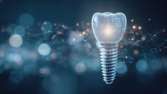 Dental implant wireframe model on technology background. 3D rendering concept for dental technology