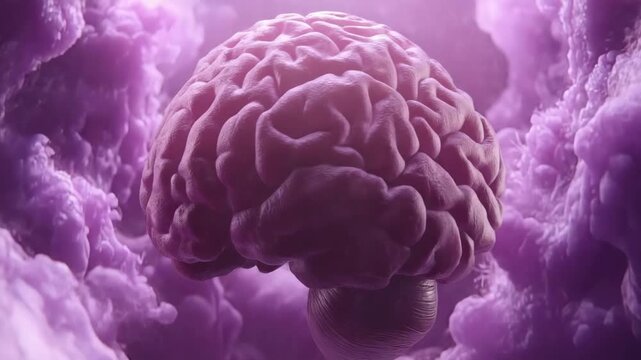Pink brain anatomy floating in soft purple cloudscape, dreamy surreal medical visualization