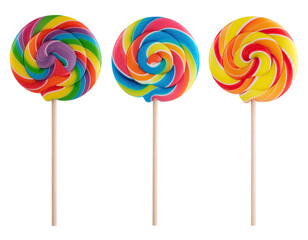 Three vibrant swirl lollipops on sticks
