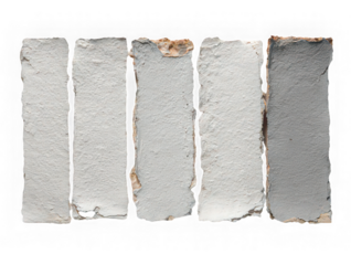 Five rectangular torn paper strips isolated on transparent background, rough edges, white textured surface, perfect for creative design, scrapbooking, or collage projects