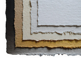 Stacked textured paper with torn edges, layered in neutral colors, creating rustic and artistic background for creative projects or invitations