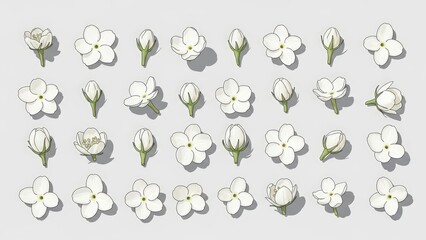 Obraz premium Collection of Delicate White Jasmine Flowers and Buds Isolated on a Light Gray Background.
