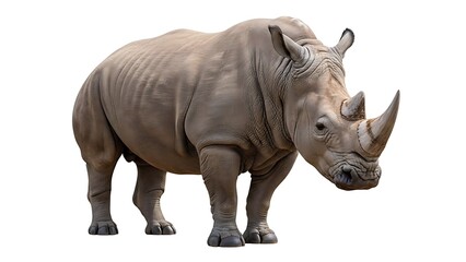Obraz premium Majestic White Rhinoceros Standing Tall on Isolated Pure White Background - Detailed Full Body Cutout of a Huge African Safari Animal for Design Projects