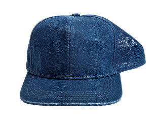 Blue, worn baseball cap with bent brim on black
