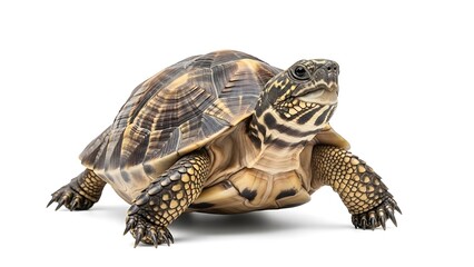 Obraz premium Detailed close-up studio shot of a beautiful, alert Box Turtle (Terrapene species) standing with its intricate patterned shell and textured legs, isolated on a pure white background.