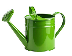 Green metal watering can with spout and handle, black background