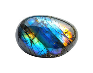 Iridescent gemstone with blue, gold, and green hues