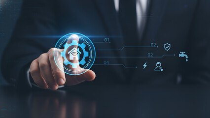 Businessman interacts with a futuristic digital interface managing smart home settings like security water and power consumption systems