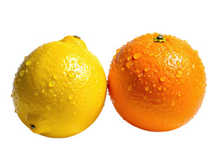 Lemon & orange, both w/ water droplets, on black bg