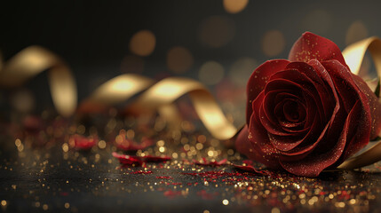 金色のきらめきに包まれた赤いバラのラグジュアリーバレンタイン背景